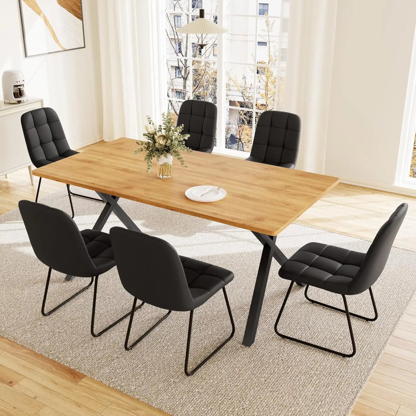 7-Piece Dining Set 63in MDF Table 6 Upholstered Chairs Metal Legs Kitchen Room Oak White Custom