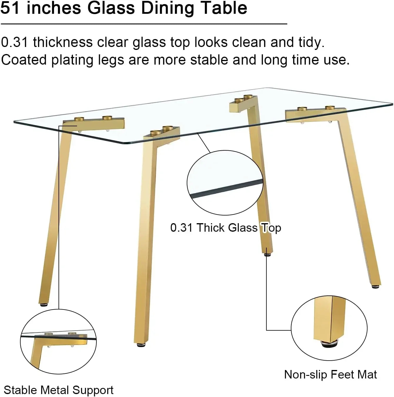 Dining Table Set of 4,51" Rectangle Tempered Glass Table Top with Golden Metal Legs,Kitchen Room Table with 4 Black Faux