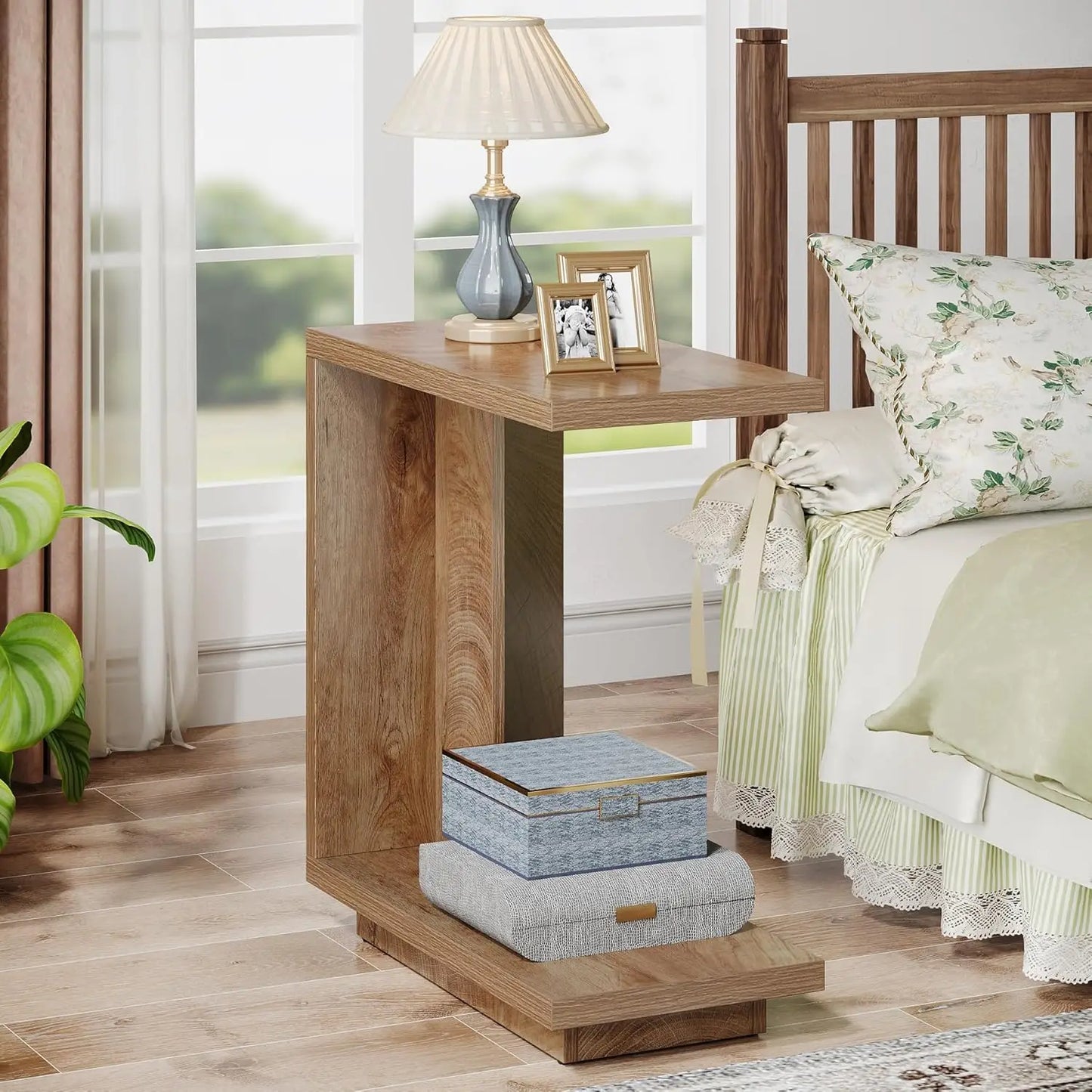 LITTLE TREE C-Shaped Side Table for Couch, 2-Tier C Table with Sturdy Pedestal, Industrial Sofa End Table for Living Room