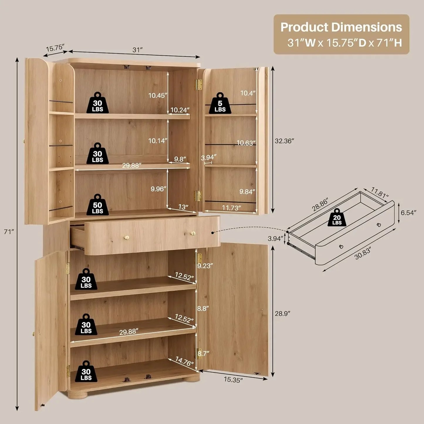 71" Tall Kitchen Pantry, Modern Curved Pantry Storage Cabinet with 4 Doors and 6 Adjustable Shelves, Cupboard for Kitchen, Dinin