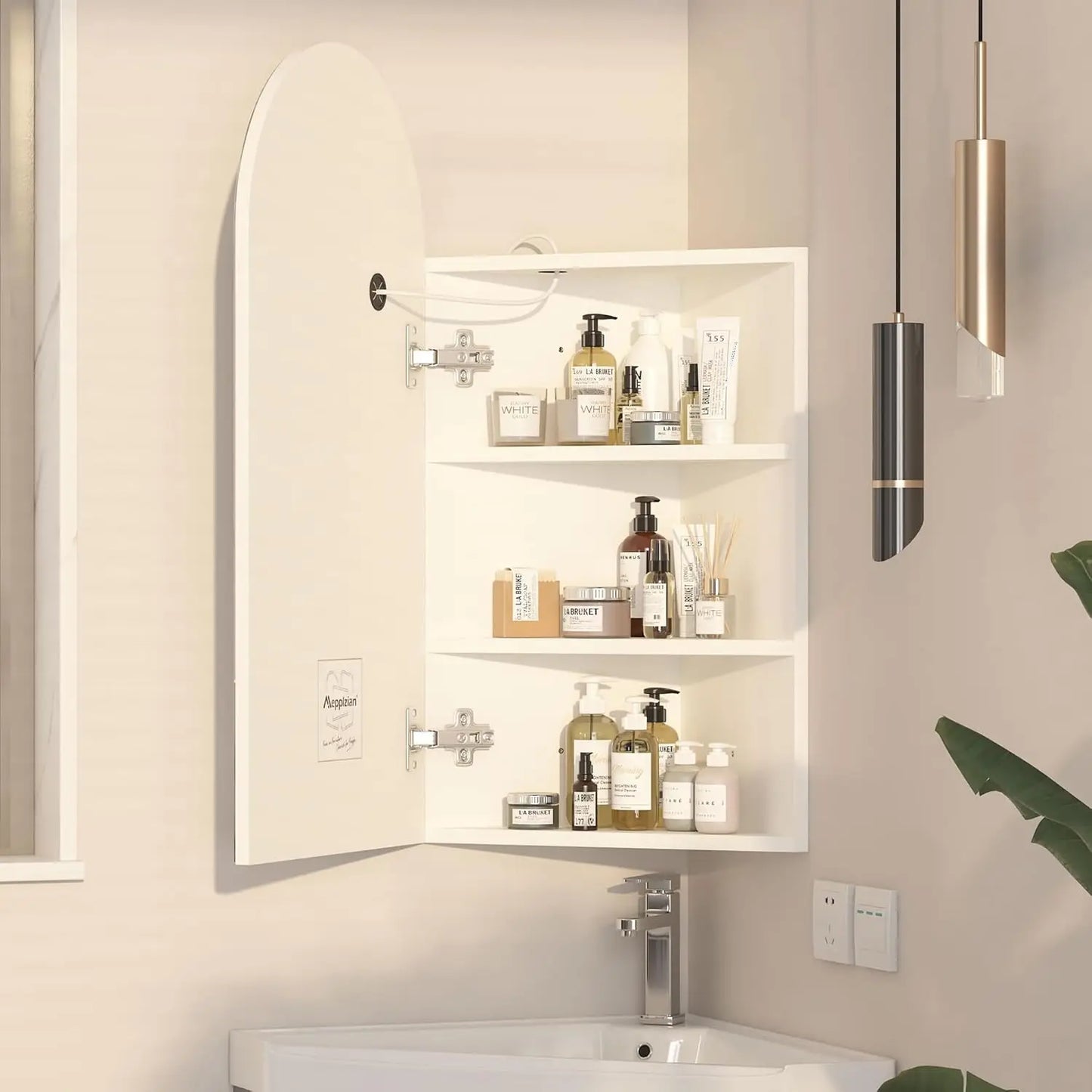 16x31 Inch White Lighted Corner Medicine Cabinet with Mirror,Corner Bathroom Cabinet Surface Mounted for Bathroom, Customized