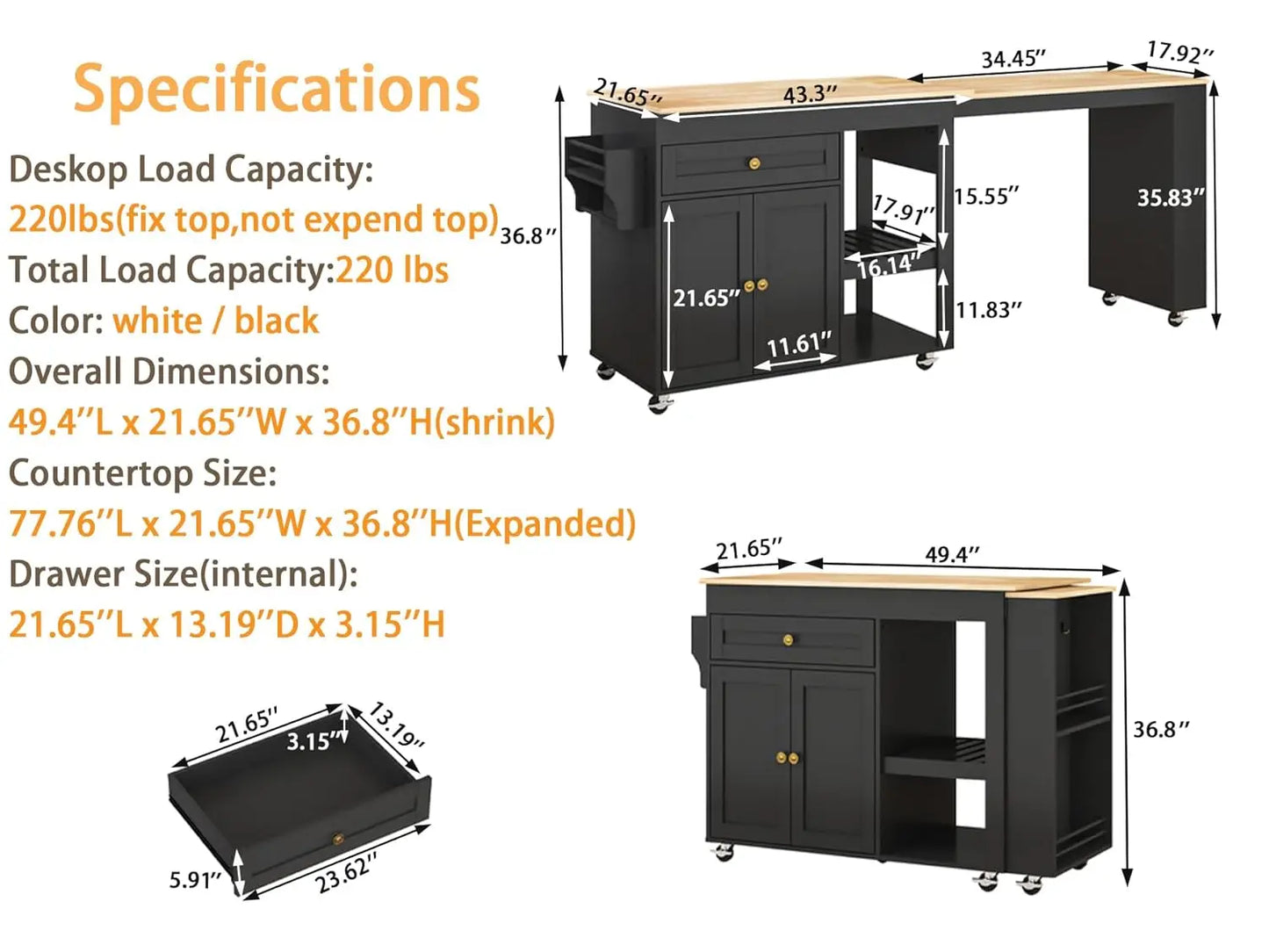 77.8'' Rolling Kitchen Island with Extendable Dining Table for 2-4, 2 in 1 Kitchen Islands Cart on Wheels, Storage Cabinet with
