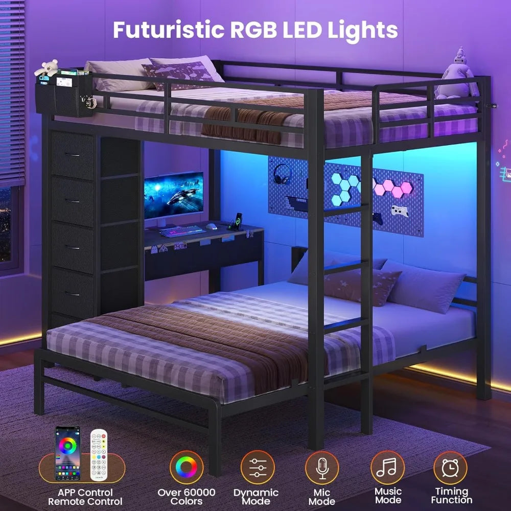 Bunk Bed with Desk, Full Over Full Bunk Beds with 5 Storage Drawers & Charging Station, Full Size Bunk Bed with LED, Custom