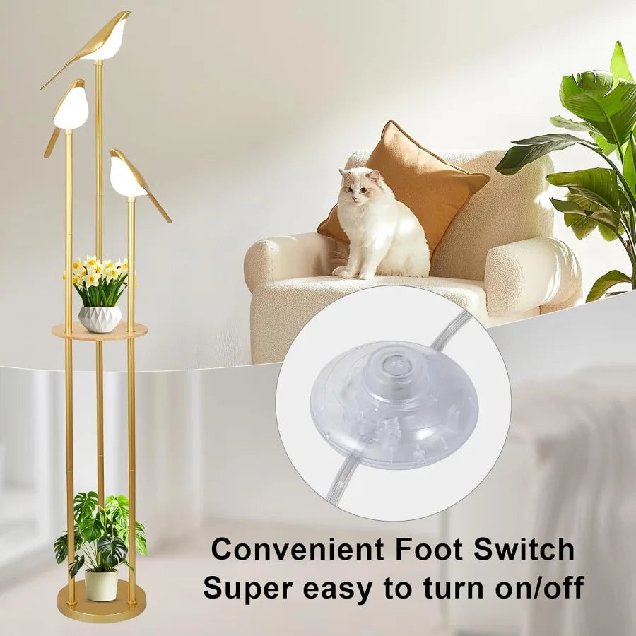 Gold Floor Lamps for Living Room Modern Floor Lamp with Shelves Mid Century Standing Lamp with 3 Adjustable LED Bird Lights Cor