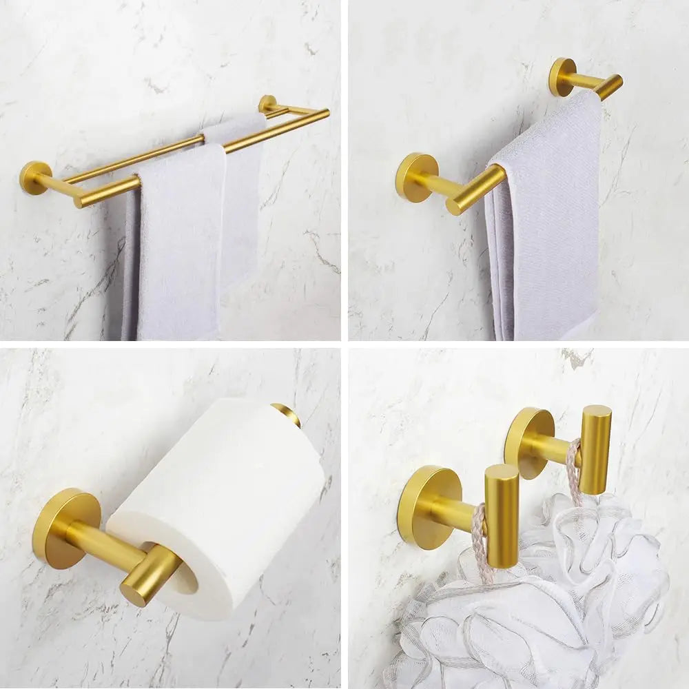5-Piece Gold Bathroom Hardware Set - Wall Mounted Towel Bars, Toilet Paper Holder & Hooks