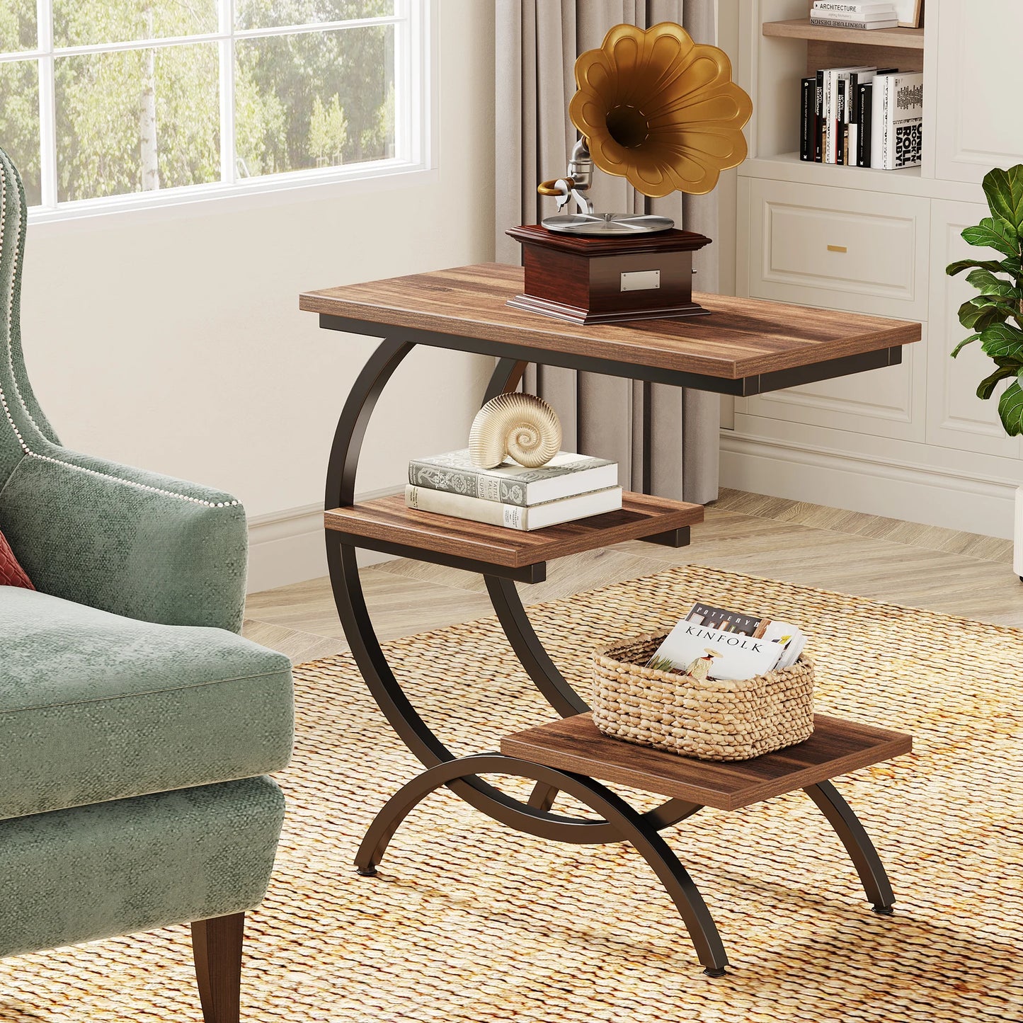 Tribesigns C-Shaped End Table, Industrial 3-Tier Small Table for Couch with Storage Shelves