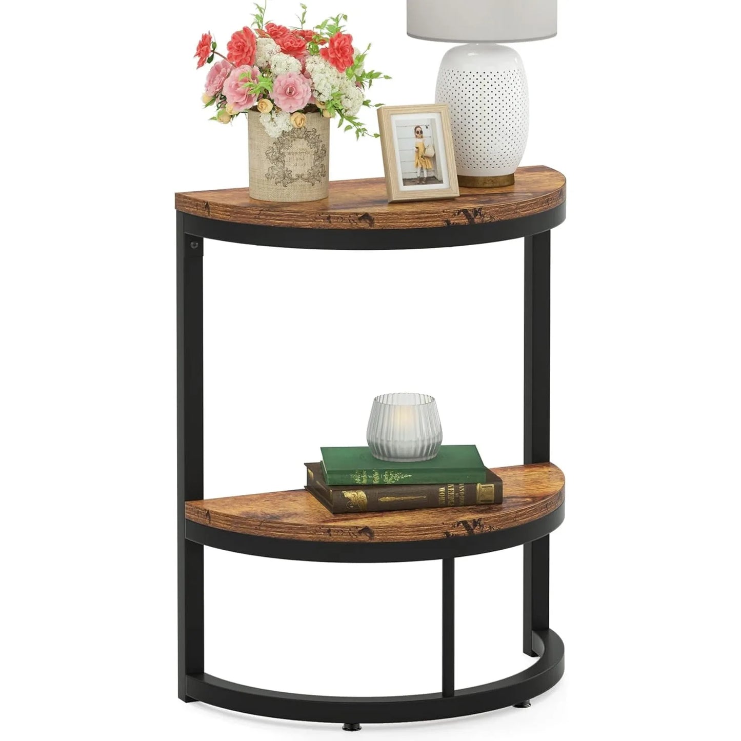 2-Tier End Table Semi Circle, Half Round Side Table with Storage Shelf, Wood Accent Table Slim C Table for Sofa Couch