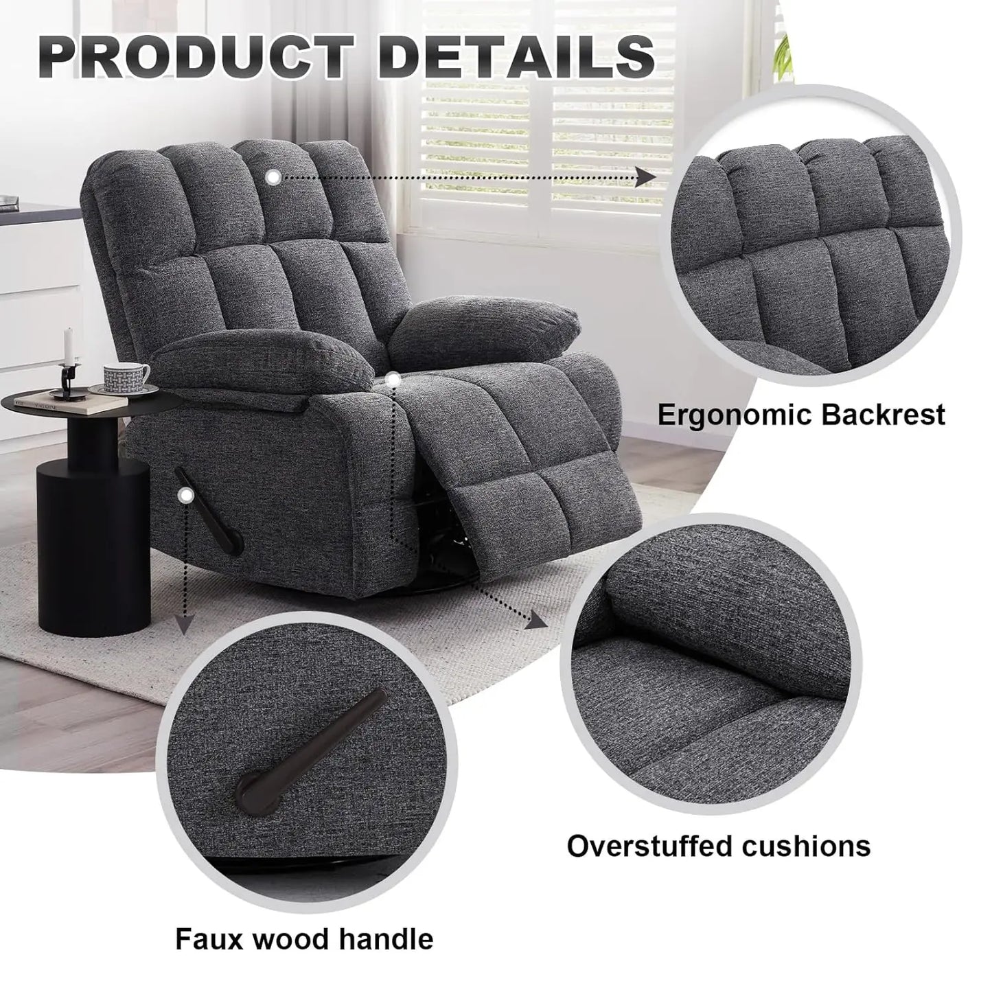 Oversized Swivel Rocker Recliner Chair Manual 350lb Wide Soft Upholstery Living Room Custom