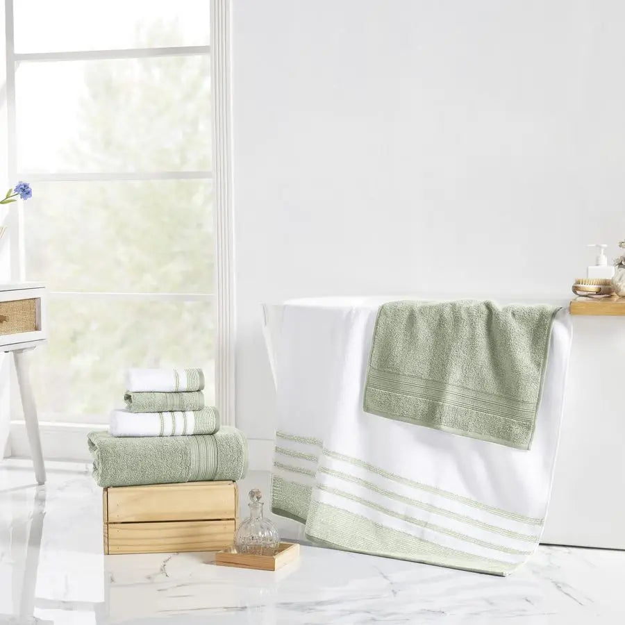 6 Piece Set, 2 Bath Towels, 2 Hand Towels, 2 Washcloths, Quick Dry White Contrast Reinhart Sage