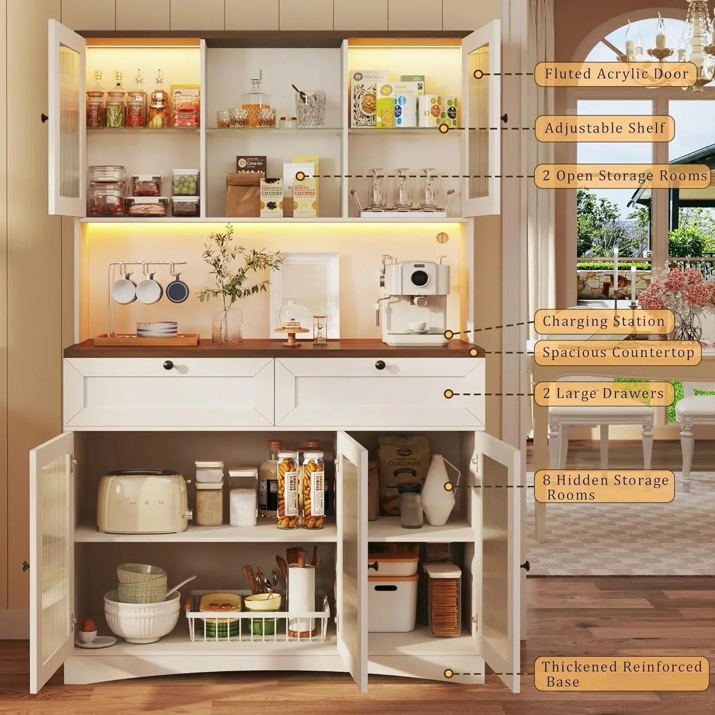71" Kitchen Pantry Cabinet with Lights & Acrylic Doors, Storage Hutch with Microwave Stand Customized