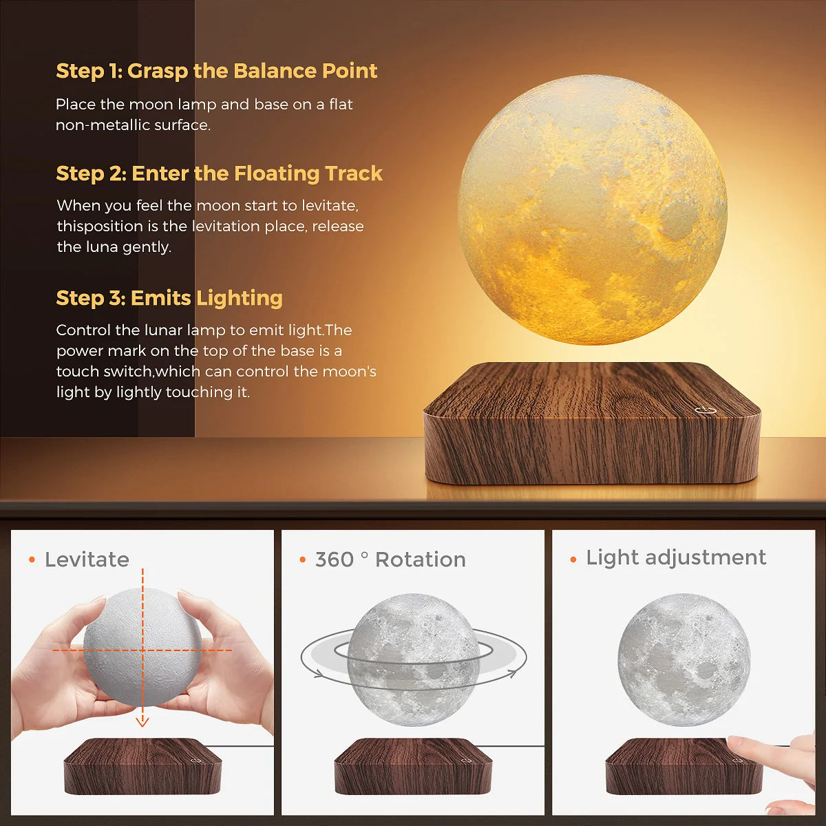 Magnetic Floating Rotating Moon Lamp with Wooden Base, 3 Color Temperature LED Night Lights of Print 3D for Unique Gifts,