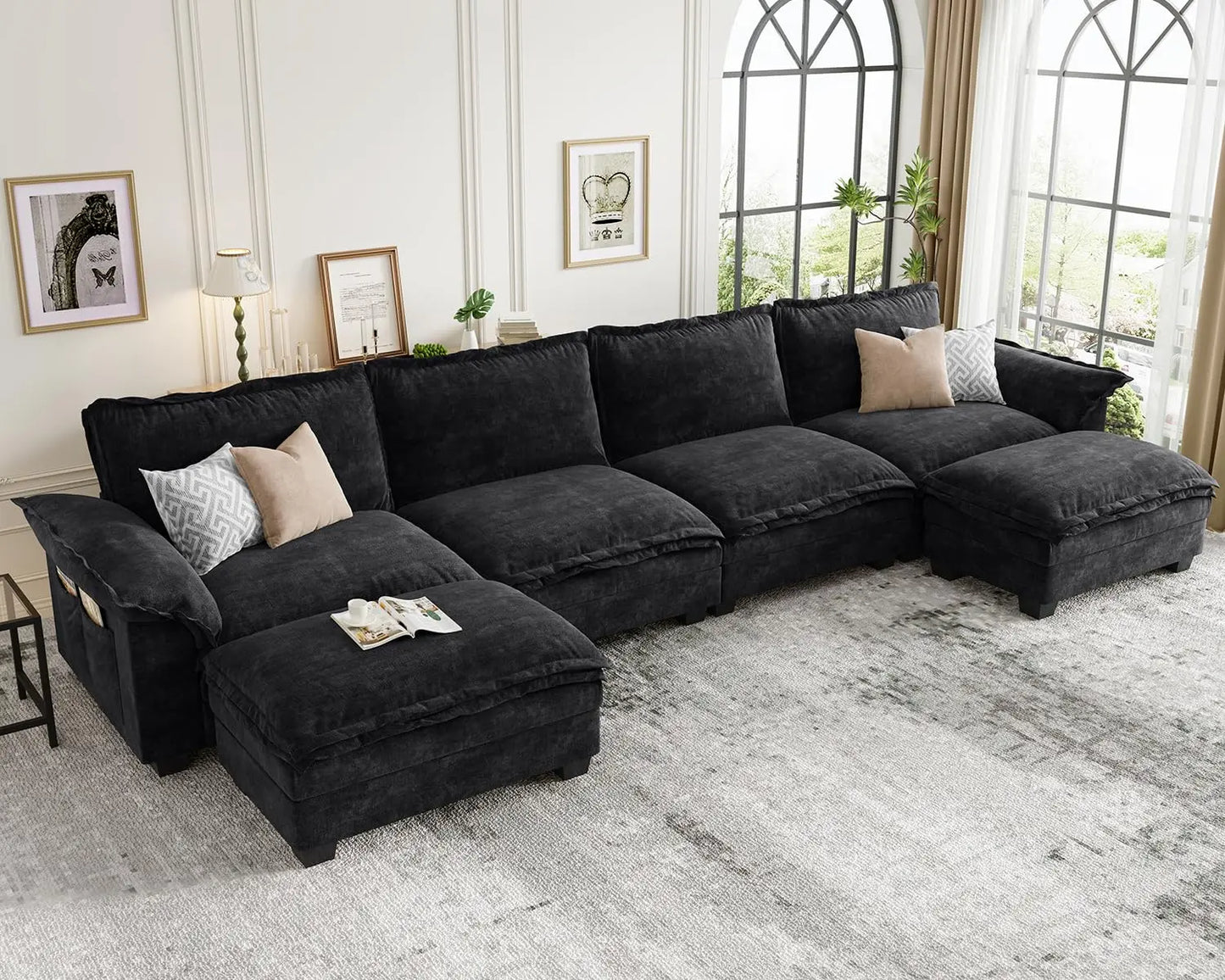 U-Shaped Modular Sectional Sofa, 6 Seater Cloud Couch with Ottoman, Chenille Sectional Couches for Living Room