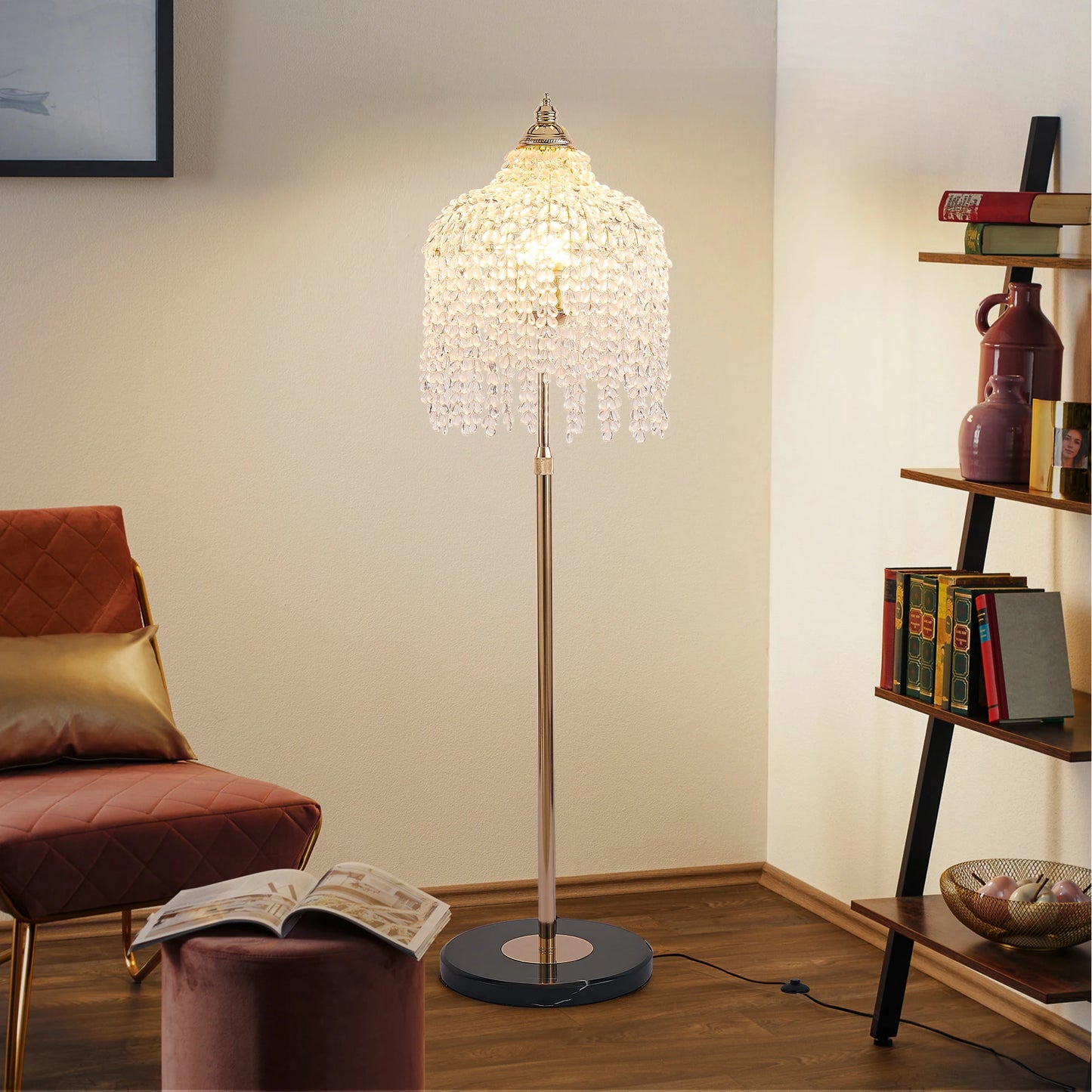 ARLGSITE 3-Light Elegant Crystal Floor Lamp Vintage Waterfall Design with Crystal Bead Strings and Marble Texture Base (No Bulb)