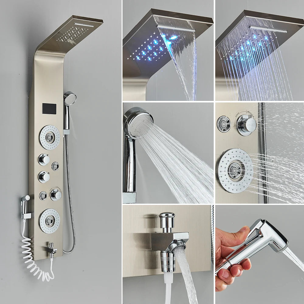 Newly Luxury Black/Brushed Bathroom Shower Faucet LED Shower Panel Column Bathtub Mixer Tap With Hand Shower Temperature Screen