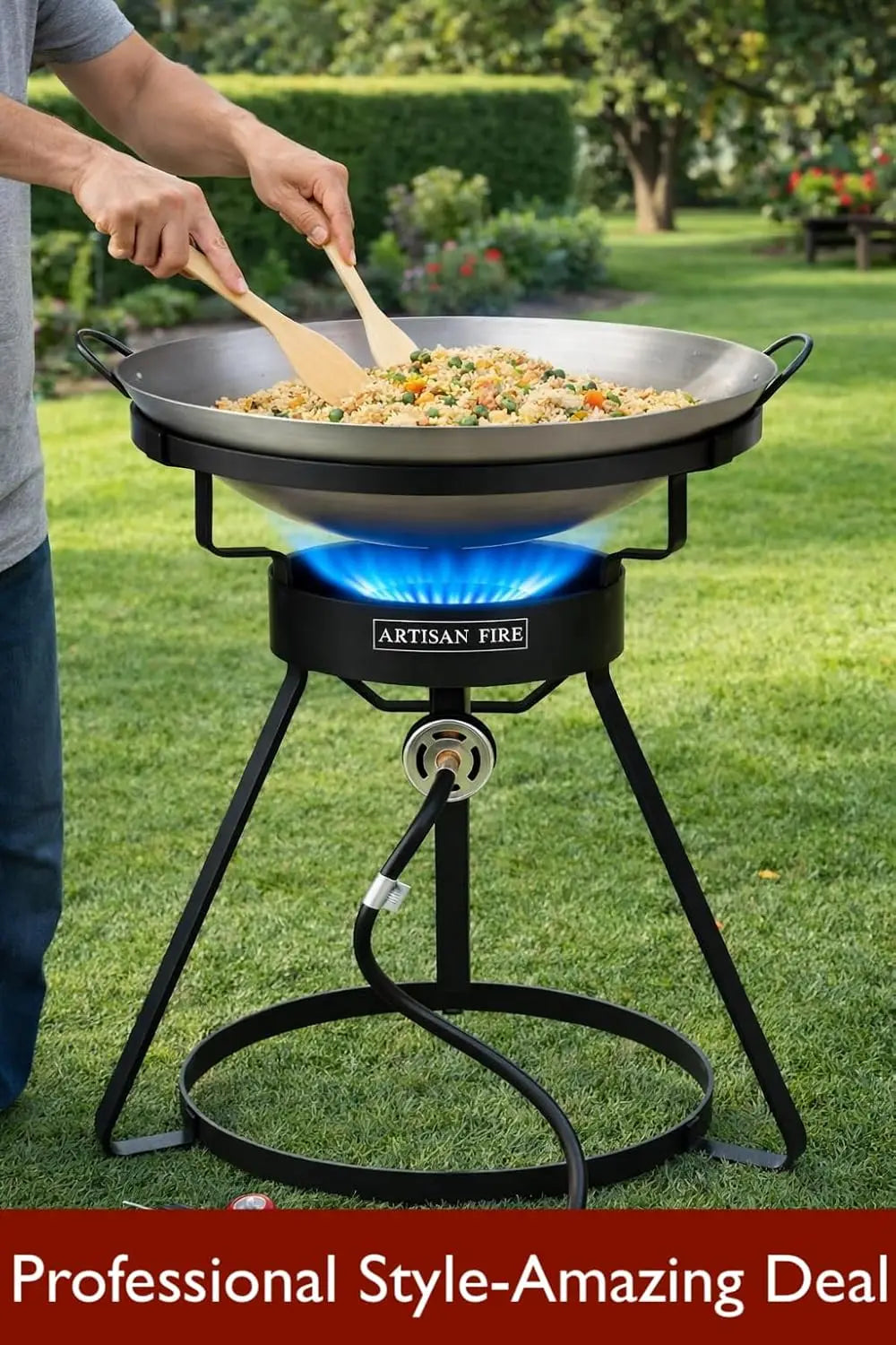 Outdoor Cooker Stove with Iron Wok, Propane Grill, 55,000 BTU High Pressure Burner for Backyard BBQ and Camping