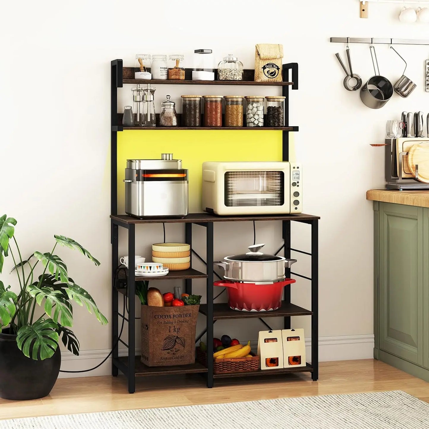 Bakers Rack with Power Outlet and LED Lights, 7-Tier Microwave Stand with Storage Shelves for Spices, Customized