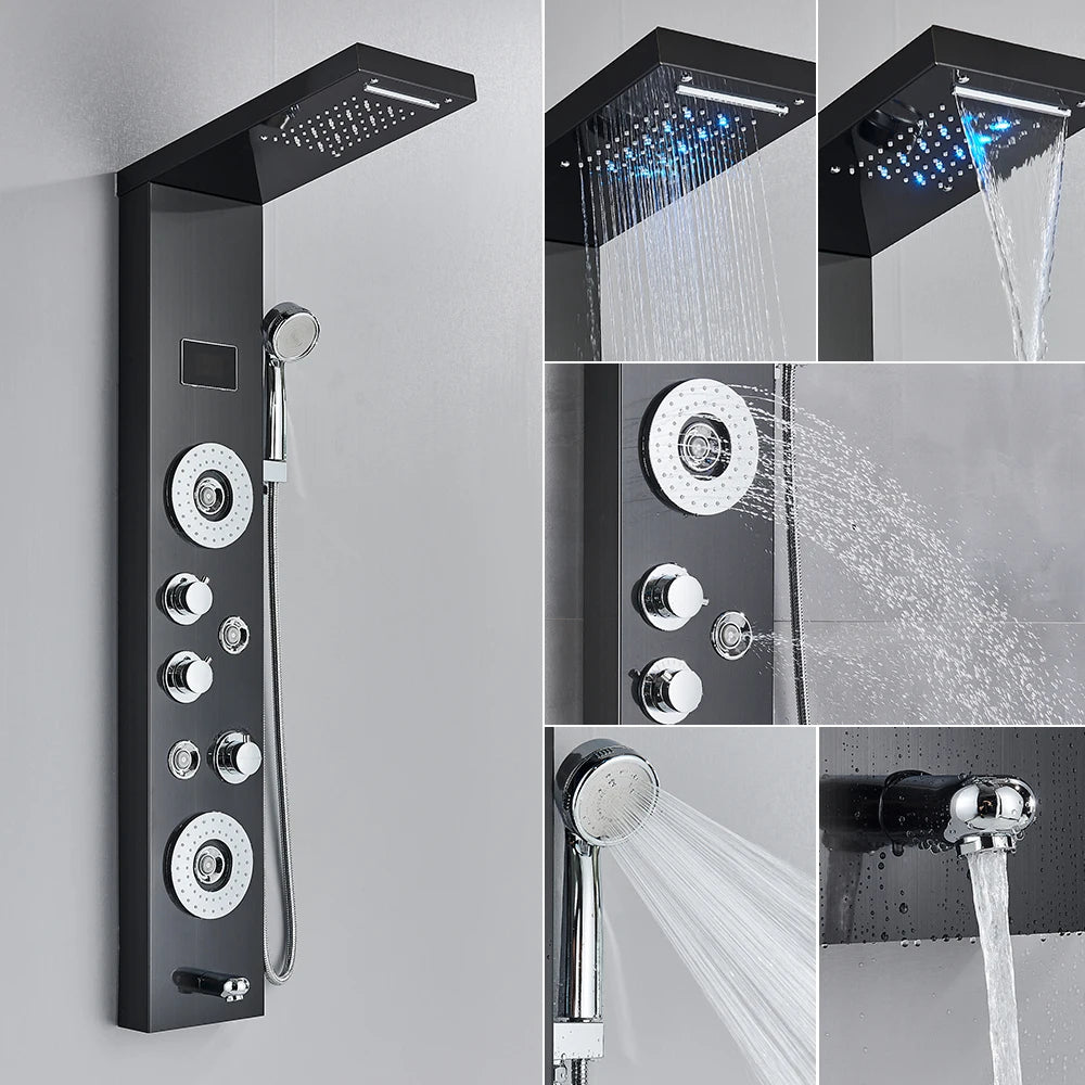 Newly Luxury Black/Brushed Bathroom Shower Faucet LED Shower Panel Column Bathtub Mixer Tap With Hand Shower Temperature Screen