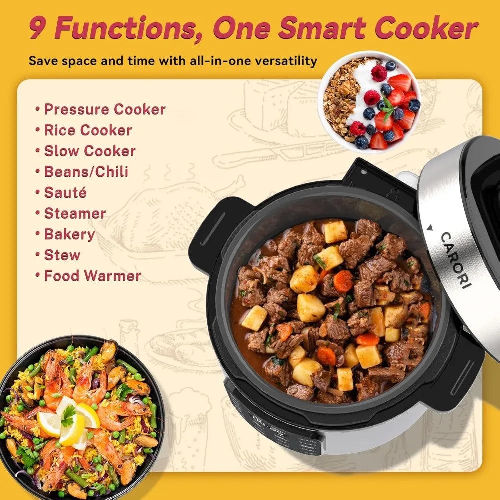 Electric Pressure Cooker 6 Quart Silver, Non-stick Pot, 9-in-1 Instant Pot, 12 Preset Functions with Touchscreen