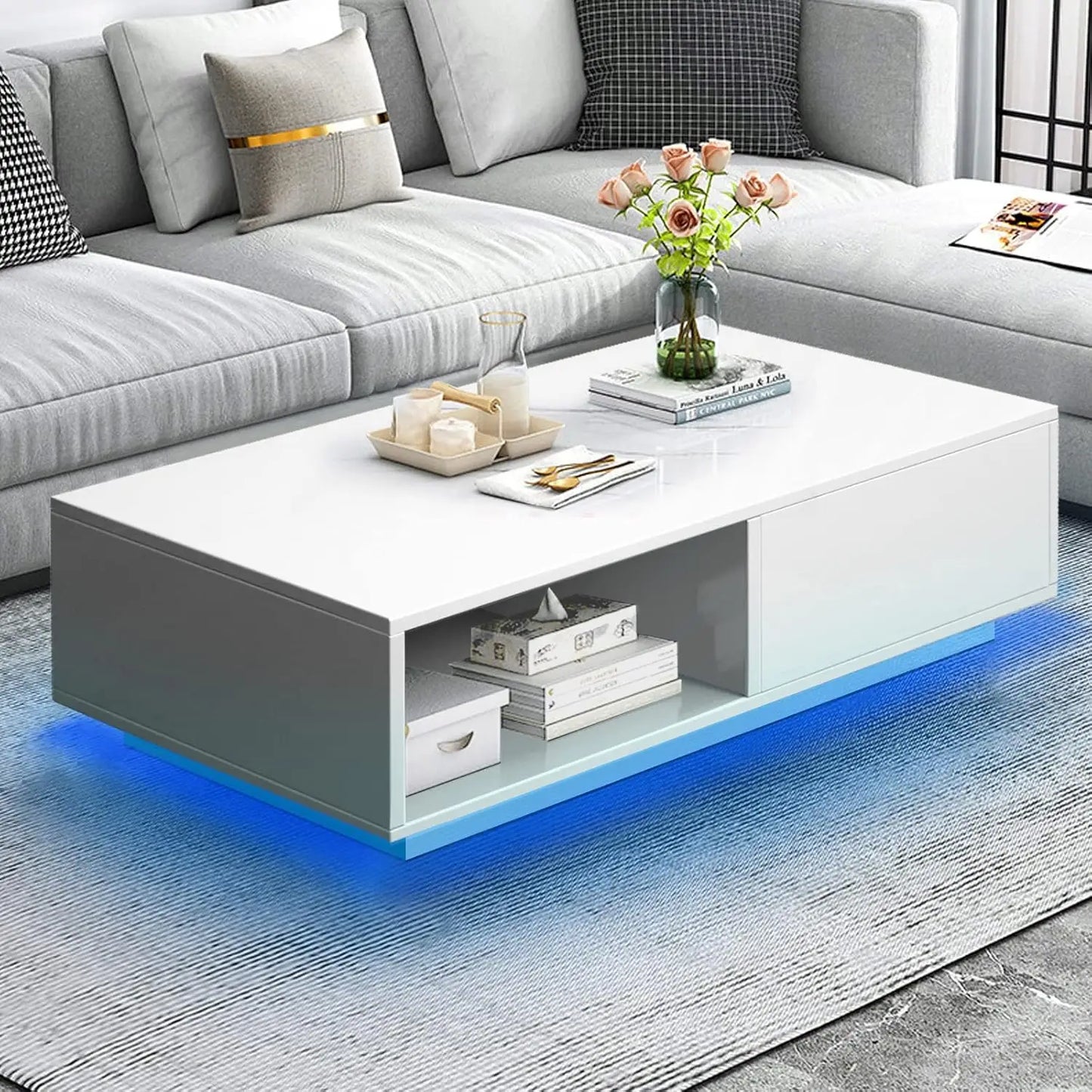43.3IN LED Black Coffee Tables for Living Room with 16 Colors LED Lights Modern Coffee Table with Storage Drawer, Customized