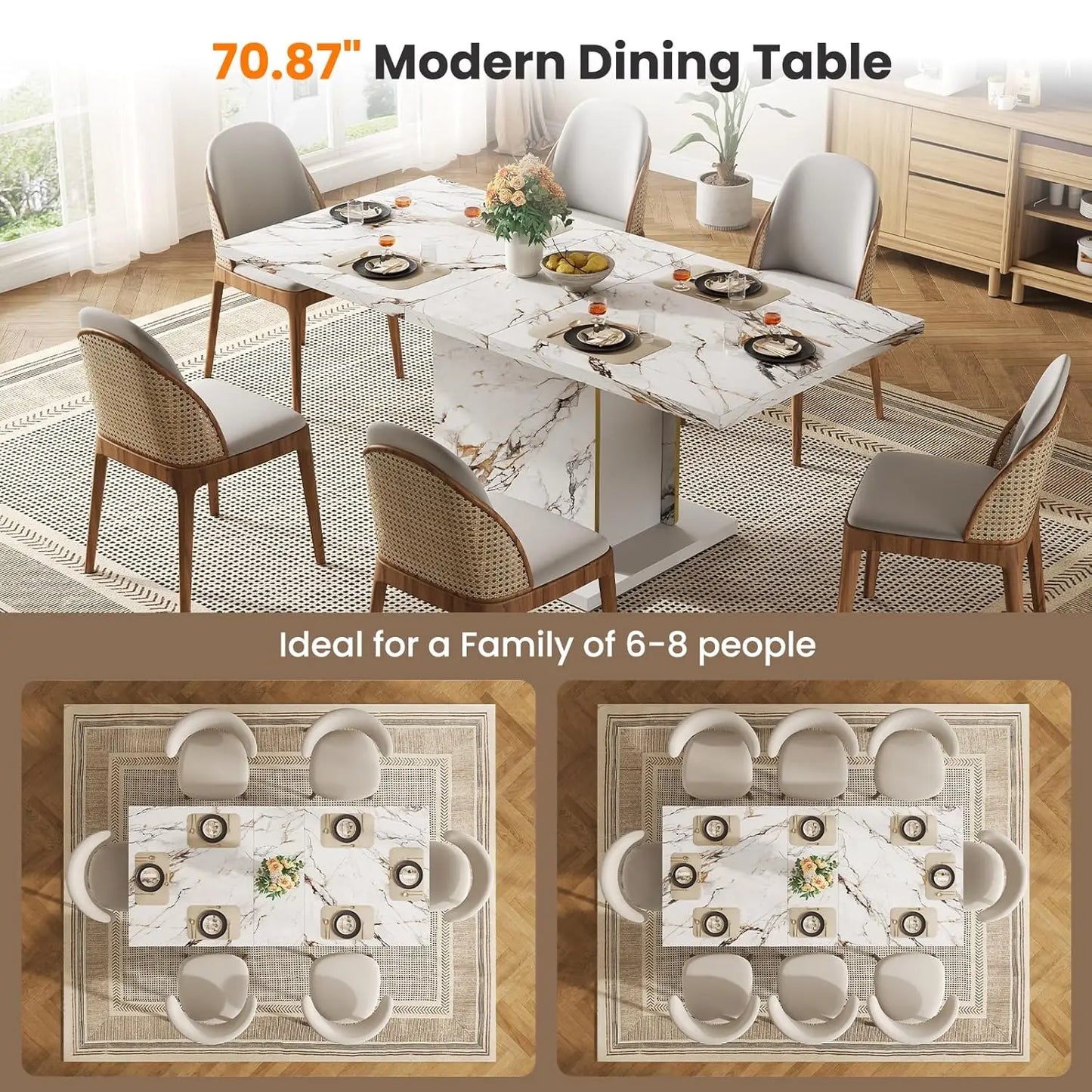 71" Faux Marble Dinner Table，Rectangle Modern White Dining Table for 6-8 People，Large Kitchen Furniture Table, Customized