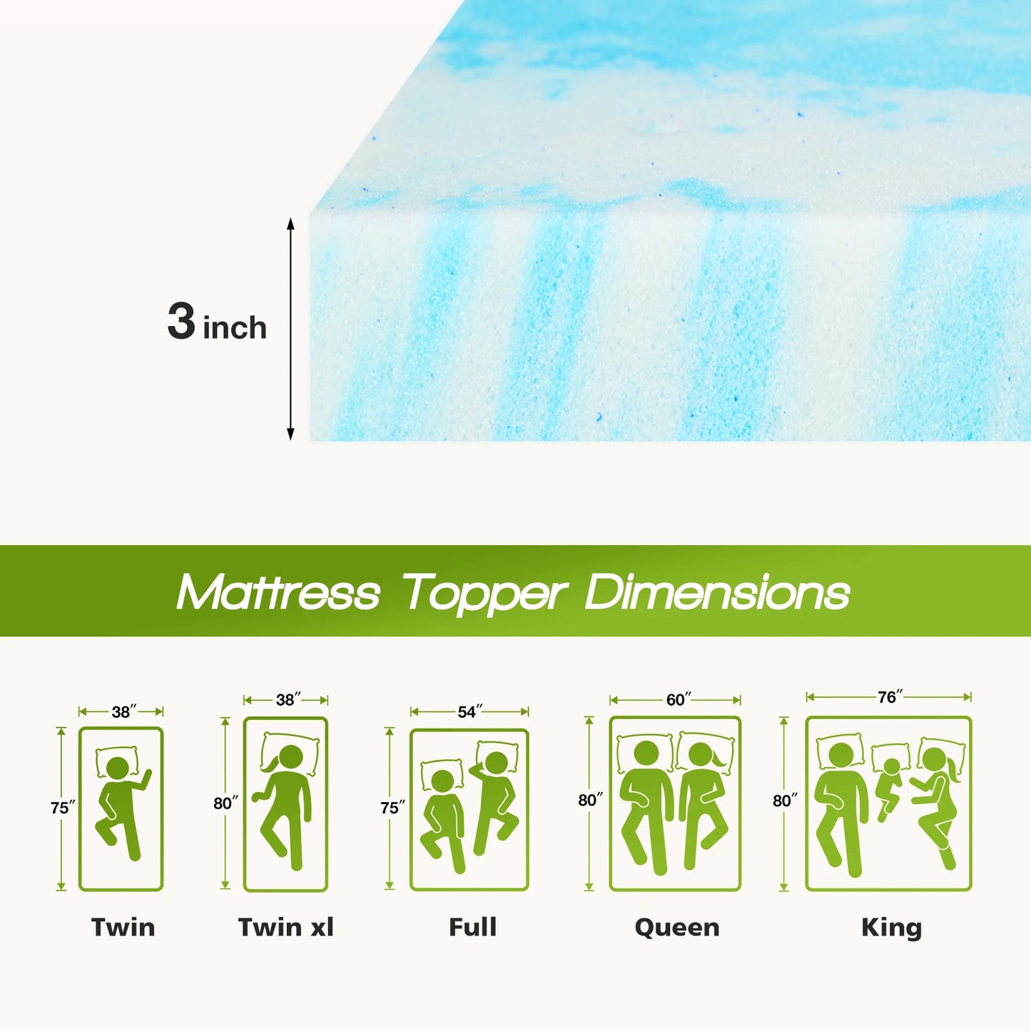 JHK 3 Inch Memory Foam Soft Mattress Topper CertiPUR US Certified Thick Gel Cooling Mattress Soft and Breathable Bed Topper
