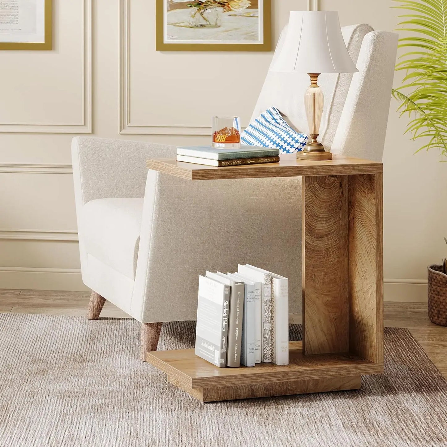 LITTLE TREE C-Shaped Side Table for Couch, 2-Tier C Table with Sturdy Pedestal, Industrial Sofa End Table for Living Room