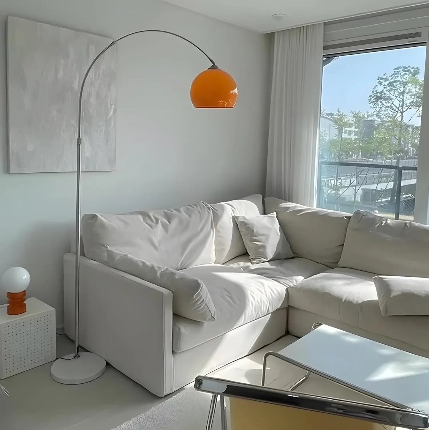Nordic Simple Floor Lamp with Orange Acrylic Shade, Arc Reading Lamp for Living Room and Study Room Creative Orange