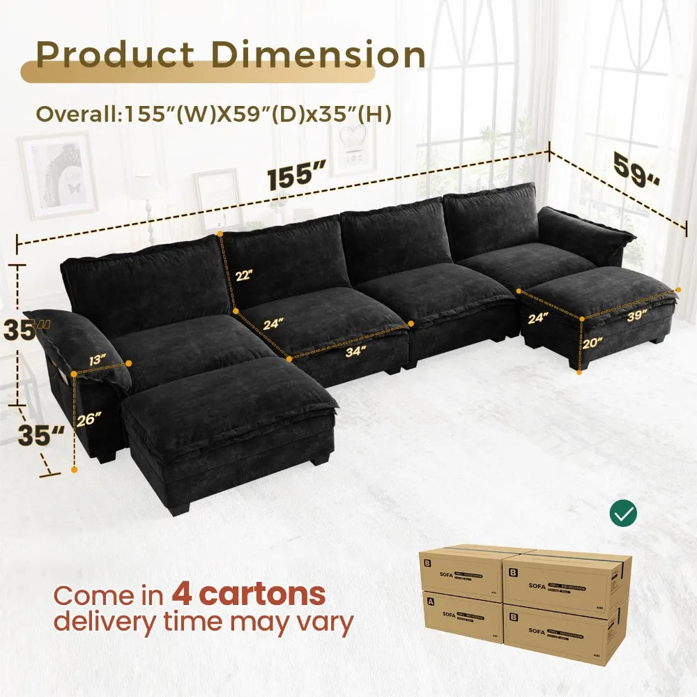 U-Shaped Modular Sectional Sofa, 6 Seater Cloud Couch with Ottoman, Chenille Sectional Couches for Living Room