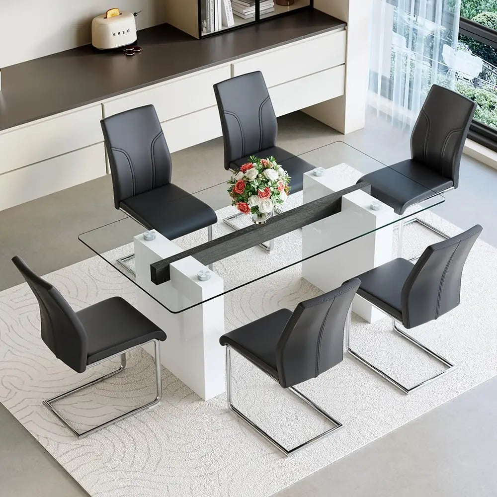 Glass Dining Table Set for 6, Modern Kitchen Table and Chairs for 6,71 in Glass Dining Table with 6 PU Leather, Customized