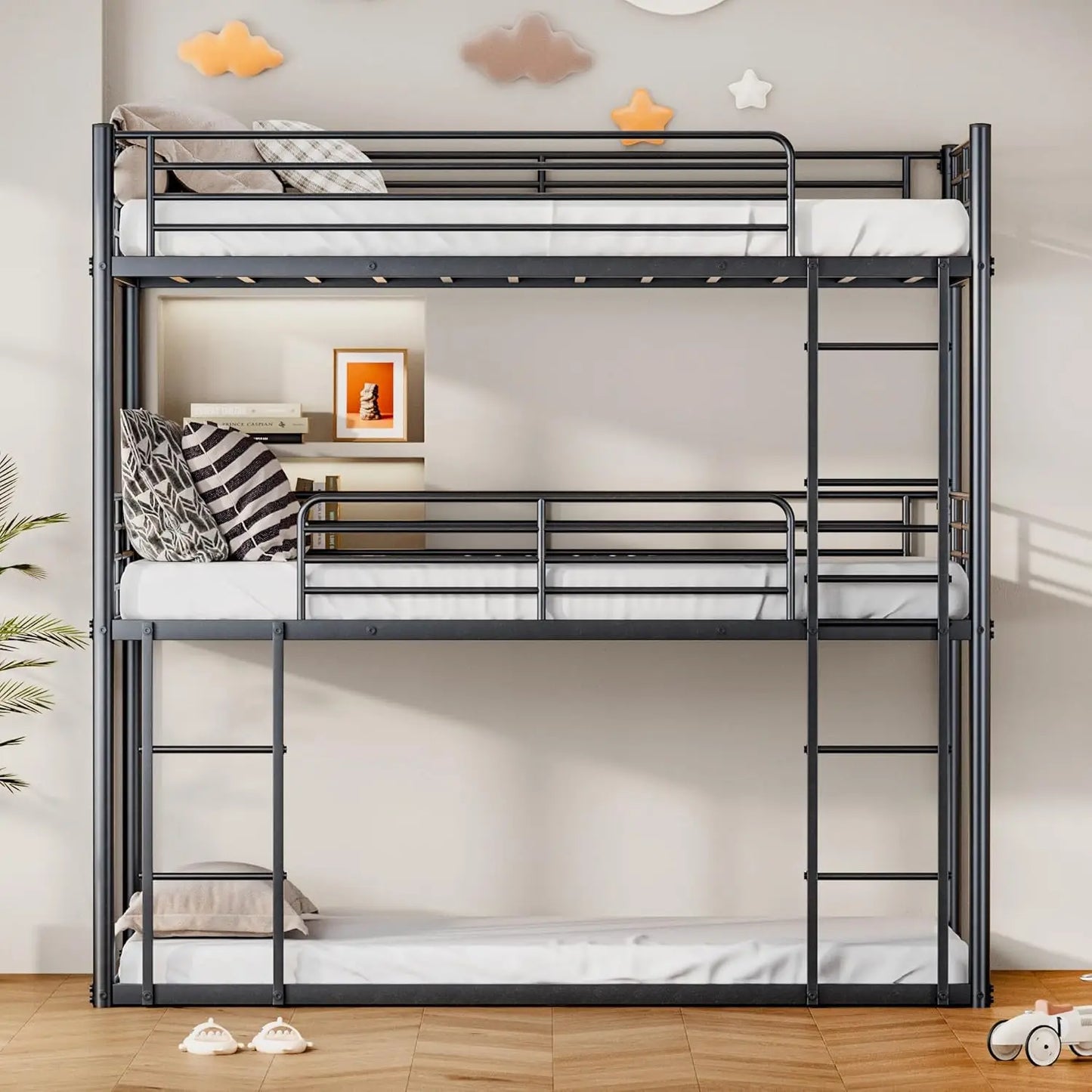 Bunk Beds Twin Over Full Size with Ladder and Guardrail, Heavy Duty Bunk Bed with Metal Slats Support, No Box, Customized