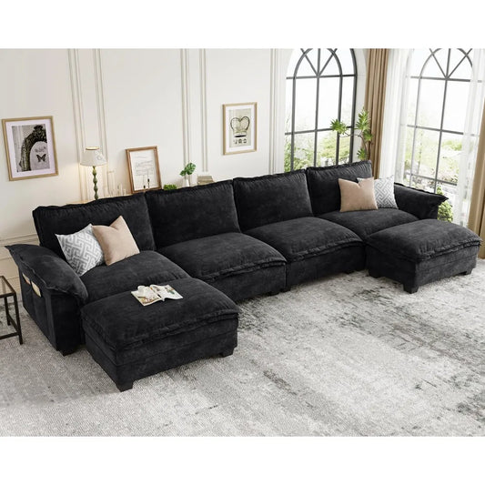 U-Shaped Modular Sectional Sofa, 6 Seater Cloud Couch with Ottoman, Chenille Sectional Couches for Living Room