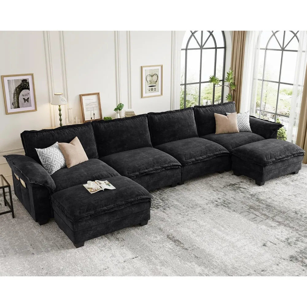 U-Shaped Modular Sectional Sofa, 6 Seater Cloud Couch with Ottoman, Chenille Sectional Couches for Living Room