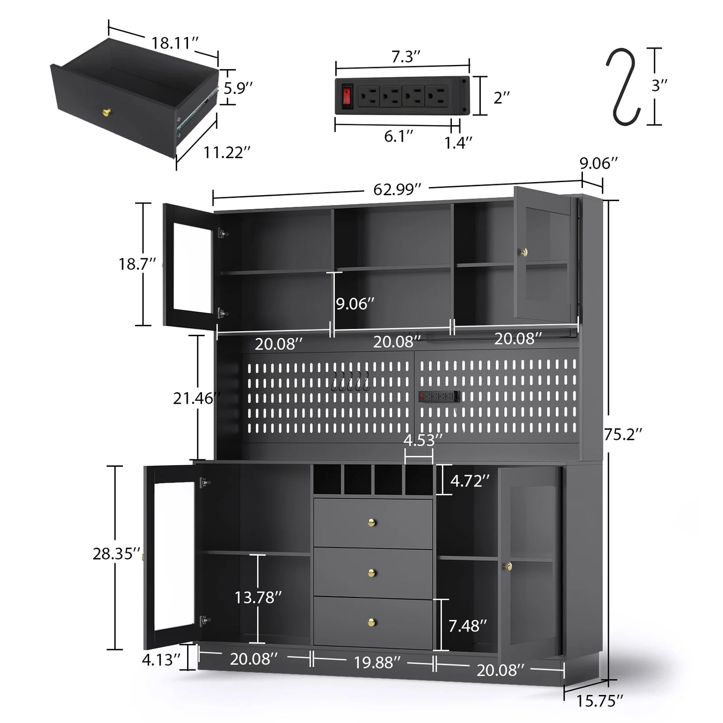Pantry Cabinet, Kitchen Storage Cabinet, Freestanding Buffet Hutch with Pegboard, Cup Holder, Power Outlet, Black