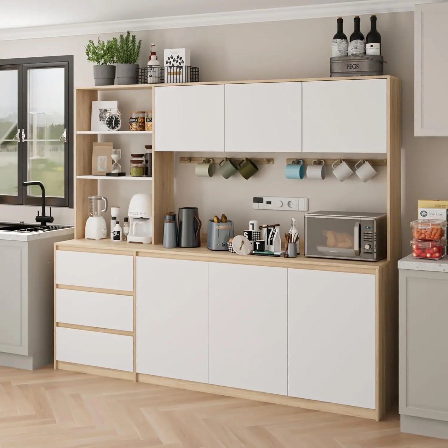 Extra Large Kitchen Pantry with Microwave Shelf, Kitchen Hutch Storage Cabinet with Countertop, Freestanding, Customized