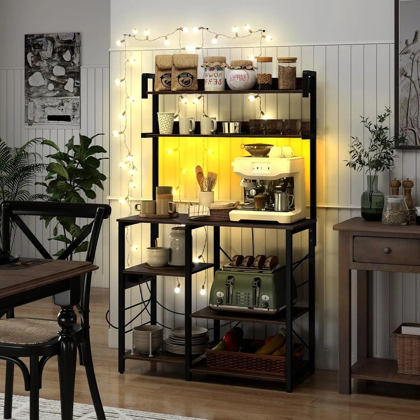 Bakers Rack with Power Outlet and LED Lights, 7-Tier Microwave Stand with Storage Shelves for Spices, Customized