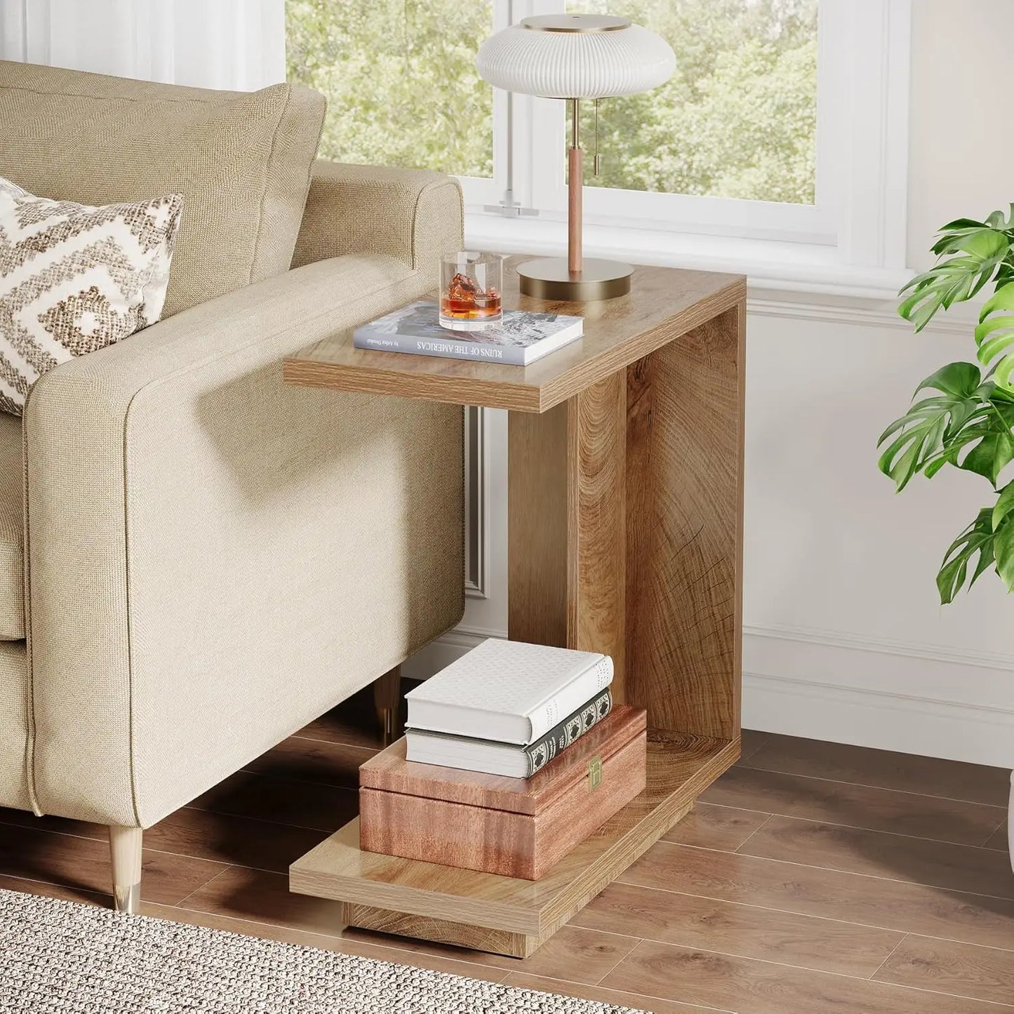 LITTLE TREE C-Shaped Side Table for Couch, 2-Tier C Table with Sturdy Pedestal, Industrial Sofa End Table for Living Room
