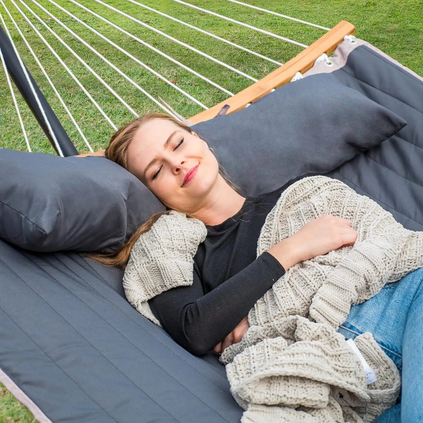 Double Portable Hammock with Stand, 2 Person Outdoor Camping Hammock, Curved Spreader Bar and Balance Ropes Included