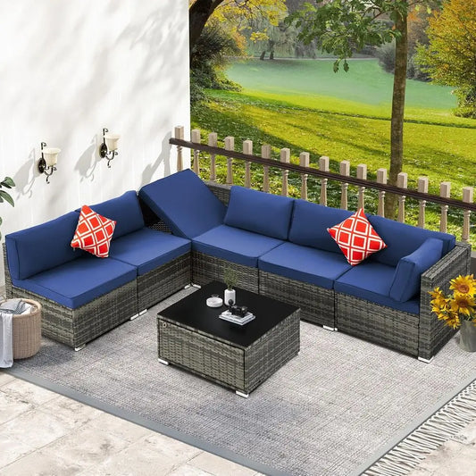 7-Piece Outdoor Patio Furniture Set, Handwoven PE Rattan, Sectional with Storage Table, Navy Blue Cushions & Pillows, Ideal for