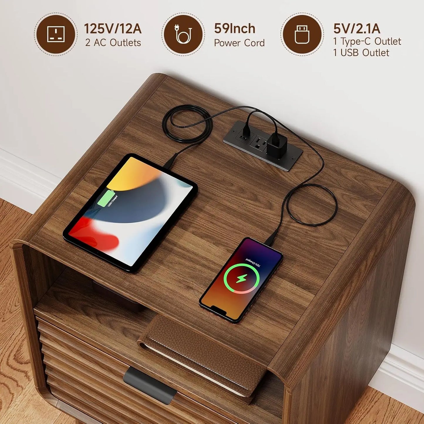 19.7'' End Table Charging Station Fluted Drawer Open Cubby Mid Century Nightstand Bedroom Living Room Walnut, Customized