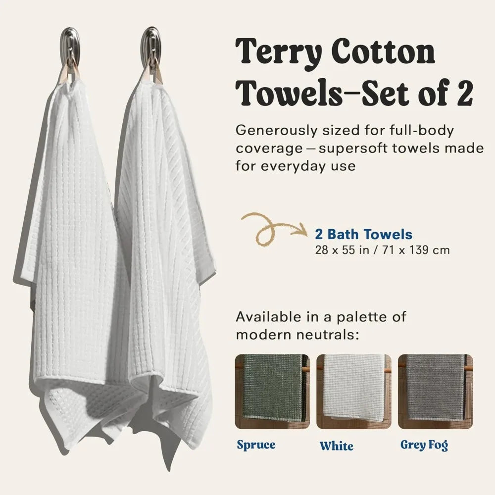 Terry Cotton Waffle Bath Towel Set – 2 Pack Luxury, Quick Dry & Absorbent Bathroom Towels – Soft, Lightweight, Durable Large