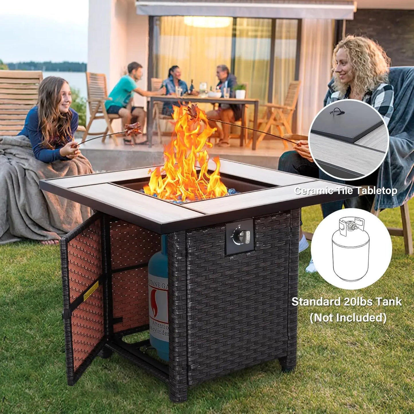Propane Fire Pit, 30 Inch Outdoor PE Wicker Gas Fire Pit Table with Fire Glass, and Waterproof Cover, for Parties, Customized