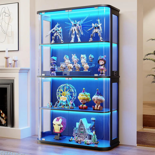 Large Rounded Display Cabinet with Glass Door, 4-Tier Curio Cabinet with 3 Color Lights for
