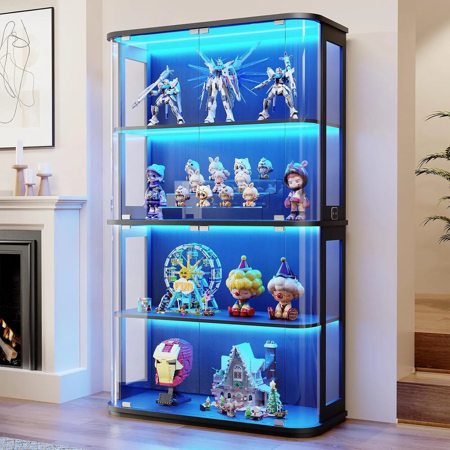 Large Rounded Display Cabinet with Glass Door, 4-Tier Curio Cabinet with 3 Color Lights for