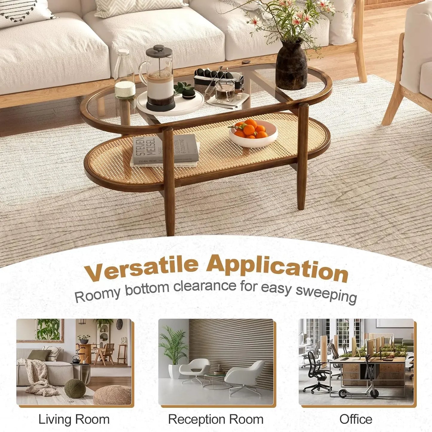 Rattan Coffee Table, 2-Tier Oval Acacia Wood Tea Table w/Tempered Glass Tabletop & PE Rattan Storage Shelf, Boho Cocktail Tables