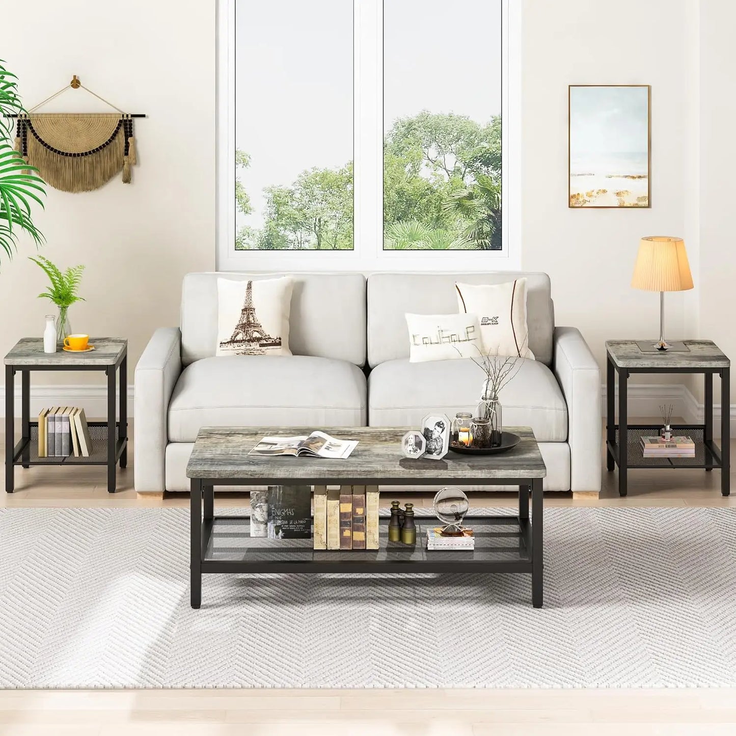Coffee Table Set of 3, Industrial Coffee Table with 2 Square End Side Tables, Modern Living Room Table Set with, Customized