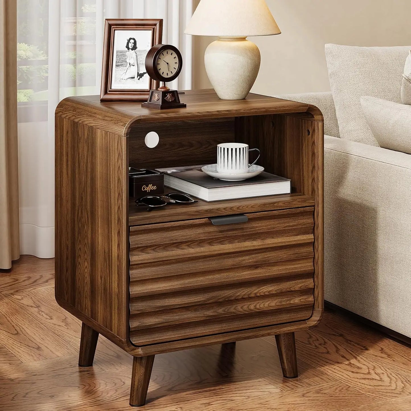19.7'' End Table Charging Station Fluted Drawer Open Cubby Mid Century Nightstand Bedroom Living Room Walnut, Customized