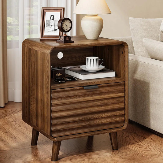 19.7'' End Table Charging Station Fluted Drawer Open Cubby Mid Century Nightstand Bedroom Living Room Walnut, Customized