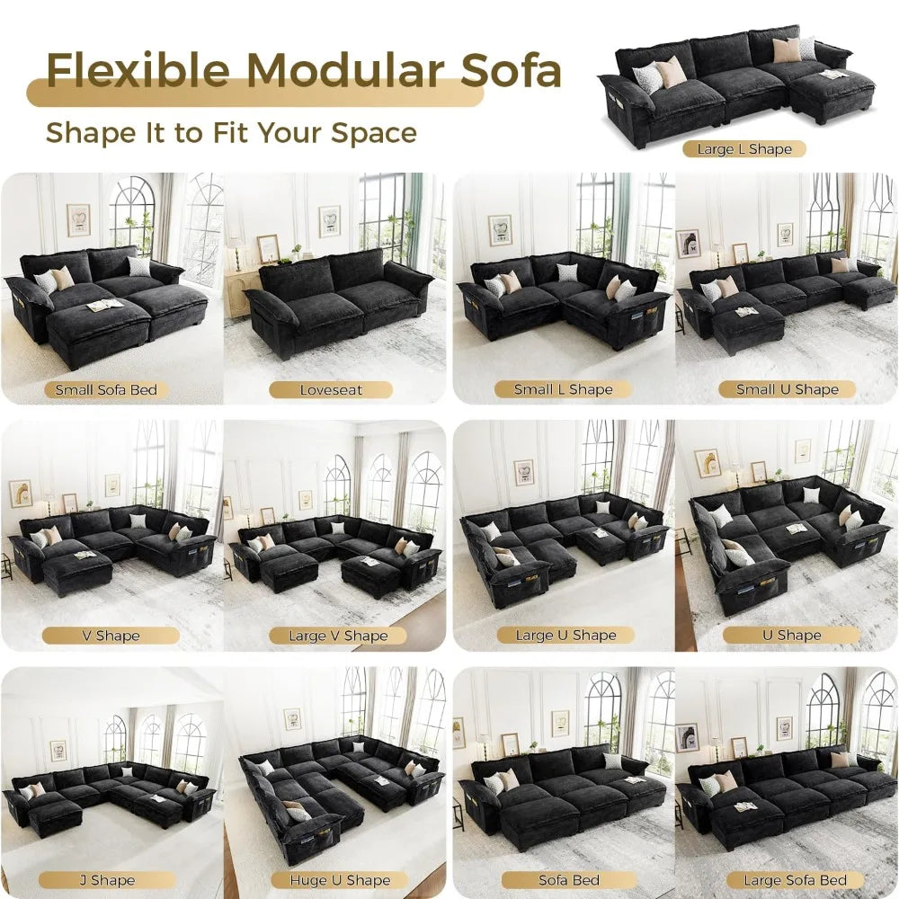 U-Shaped Modular Sectional Sofa, 6 Seater Cloud Couch with Ottoman, Chenille Sectional Couches for Living Room