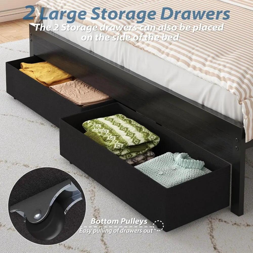 Full Bed Frame with Storage Headboard, Upholstered Black Bed Frame with 4 Drawers, LED Lights, and Charging, Customized