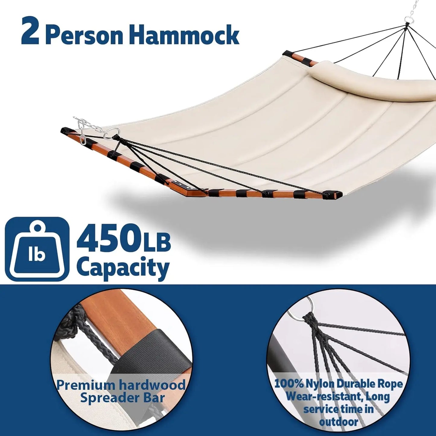 12FT 2-Person Large Hammock with V-Shaped Hardwood Spreader Bar, Nylon Rope for Outdoor Use - Beige